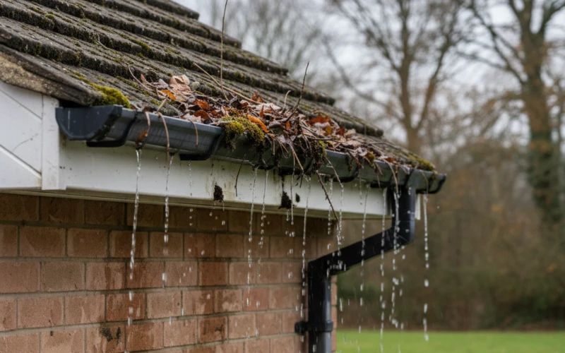 Realistic image showing blocked and leaking house gutters in Stevenage with debris, overflow, and moss buildup on fascia and soffits.