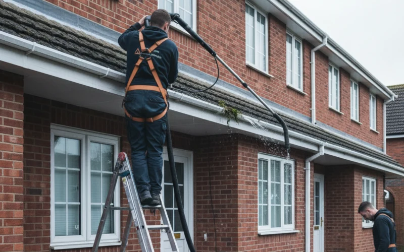 Gutter cleaning and minor repair service on a townhouse near St Nicholas’ Church in Stevenage, preventing water damage and improving home drainage.