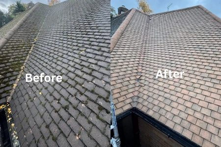 Before and after roof cleaning in Cassiobury Park, Watford — moss and debris removed from tiled roof, showing a clean and restored surface.